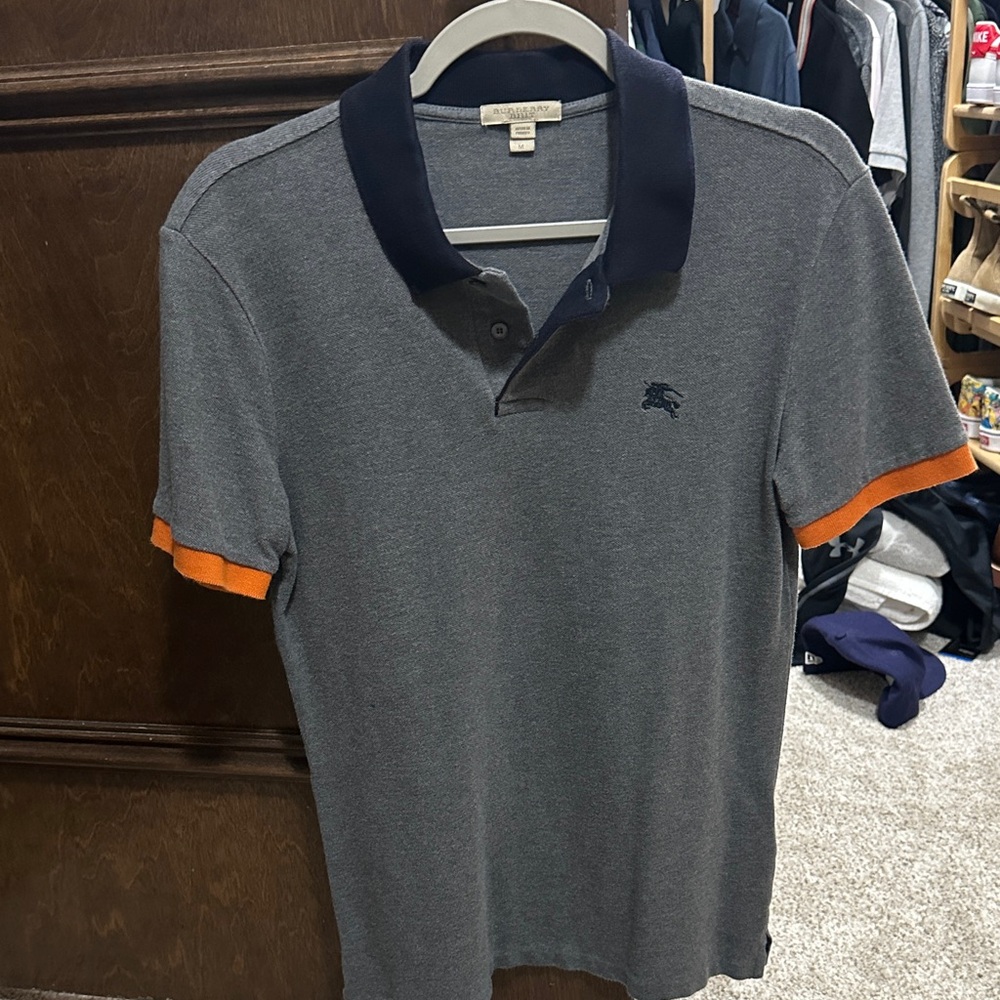 Men's Burberry Gray Polo with Navy Blue Collar & Orange Trim - Sz Medium